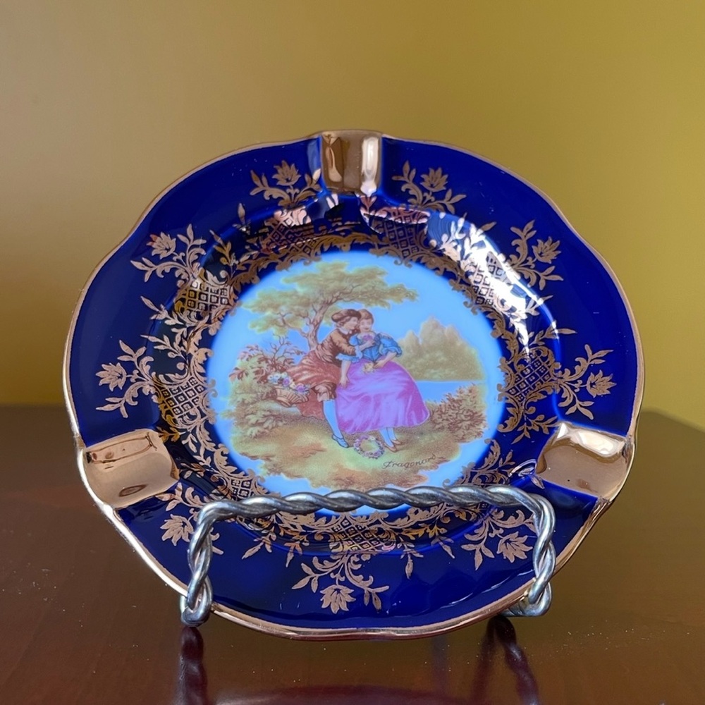 Vintage Hand-Painted Cobalt Blue and 22K Gold Limoges France Porcelain Ashtray